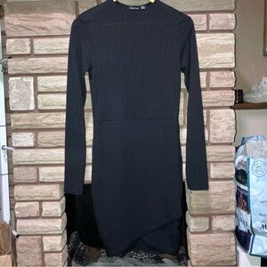 Boohoo Black Ribbed Long Sleeve Asymmetric Hem Bodycon Dress